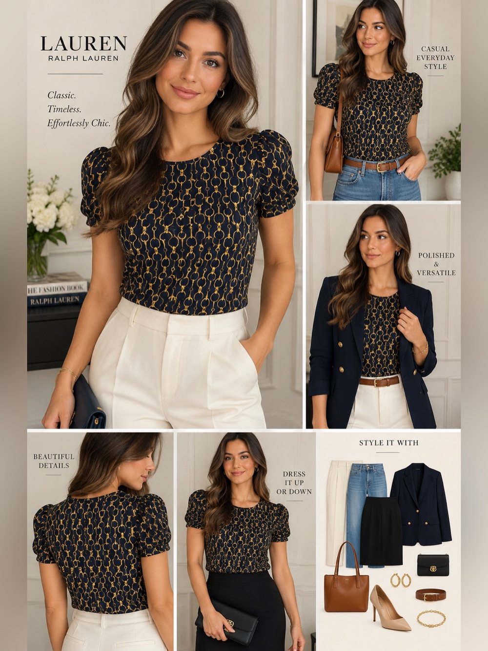 Ralph Lauren Navy Short-Sleeve Top with Gold Chain Print